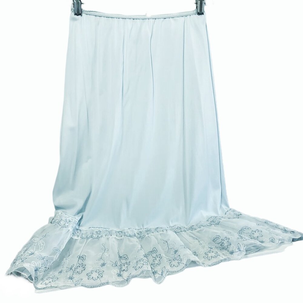 1950s Pale Blue Vintage Half Slip Petticoat With A Ruffle Bottom And Embroidery